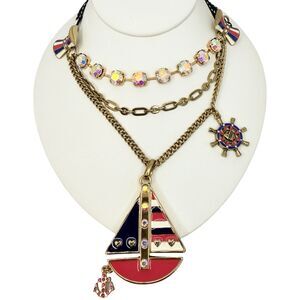 Betsey Johnson Sailboat Nautical Necklace 21" Layered Crystal Navy Ivy League